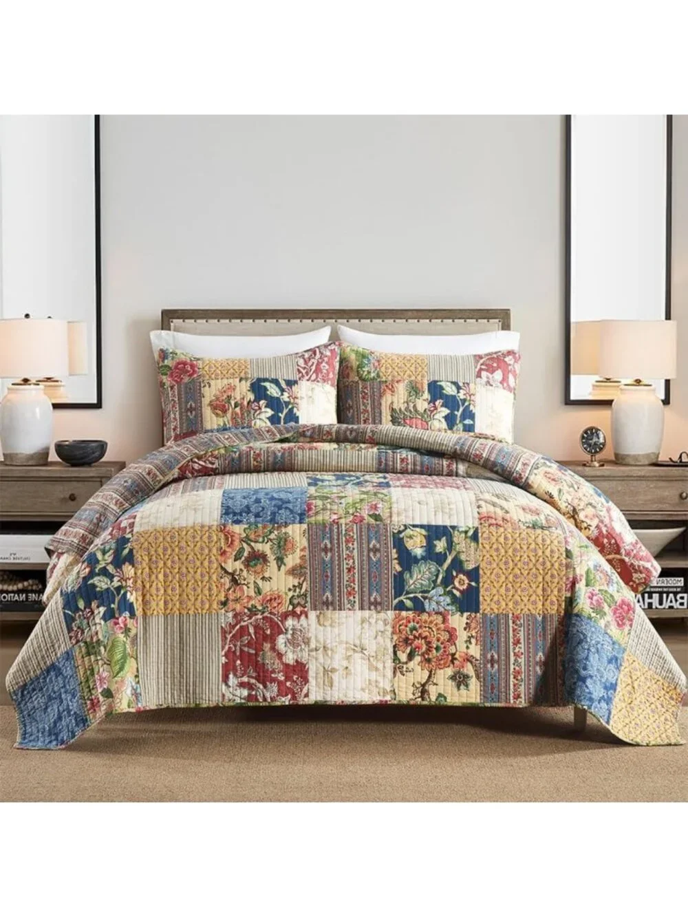 Reversible Cotton Quilt Set - 3 Piece Rustic Floral Bedspread, Queen Size